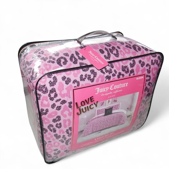 Juicy Couture Queen Size Comforter 8 Piece Bed Set Cheetah Print Pink/Black NEW - Picture 1 of 9